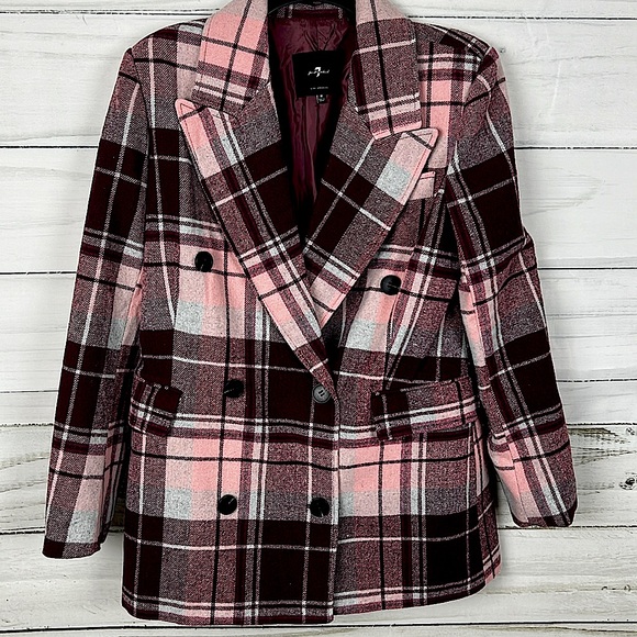 7 For All Mankind Plaid Blazer Double Breasted Burgundy Medium - Picture 2 of 7
